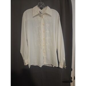 Tess Cream Floral Embroidered Blouse, Women's Size 8 Button Up, Long Sleeve, Vtg